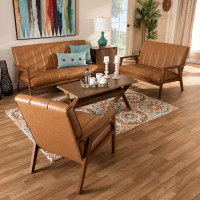 Baxton Studio BBT8011A2-Tan 3PC Set Nikko Mid-century Modern Tan Faux Leather Upholstered and Walnut Brown finished Wood 3-Piece Living Room Set